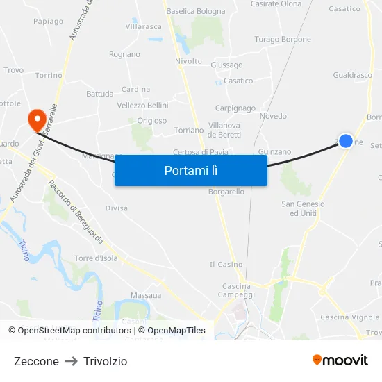 Zeccone to Trivolzio map