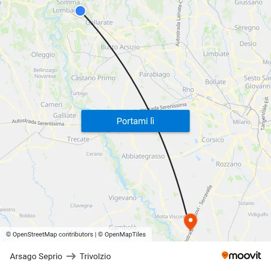 Arsago Seprio to Trivolzio map