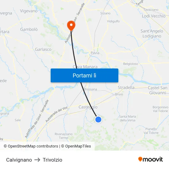 Calvignano to Trivolzio map