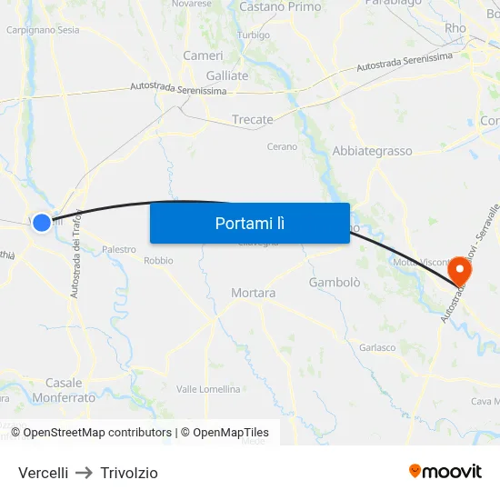 Vercelli to Trivolzio map