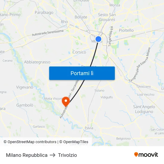 Milano Repubblica to Trivolzio map