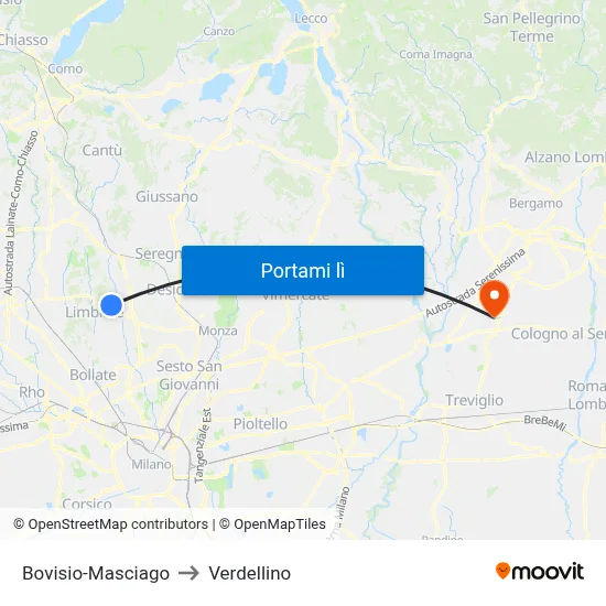Bovisio-Masciago to Verdellino map