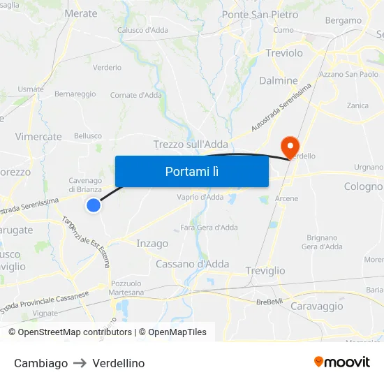 Cambiago to Verdellino map