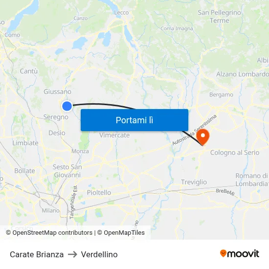Carate Brianza to Verdellino map