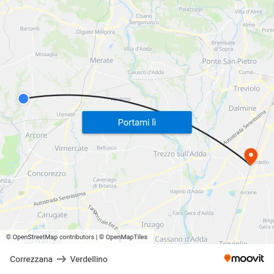 Correzzana to Verdellino map