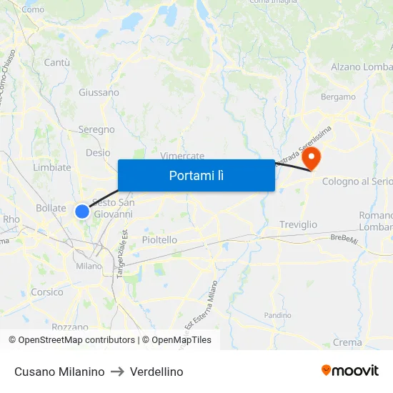 Cusano Milanino to Verdellino map