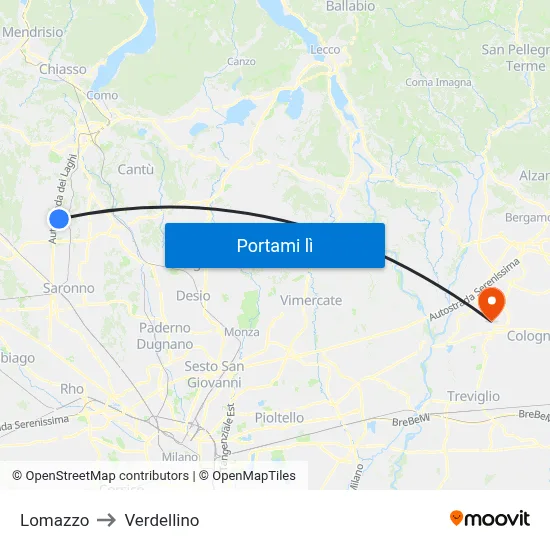 Lomazzo to Verdellino map