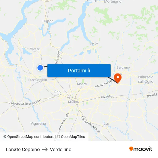 Lonate Ceppino to Verdellino map