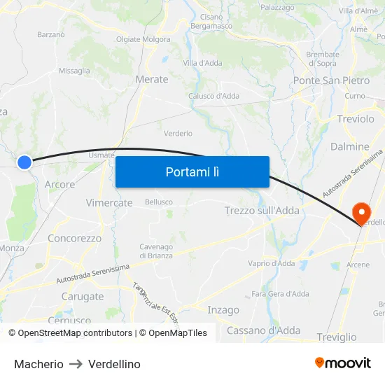 Macherio to Verdellino map