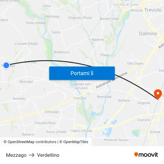 Mezzago to Verdellino map