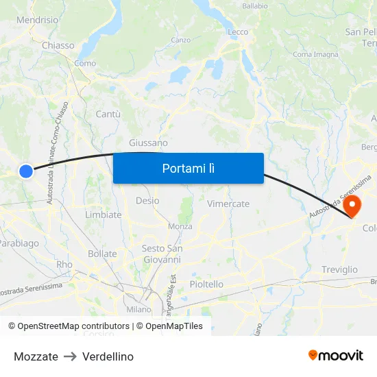 Mozzate to Verdellino map