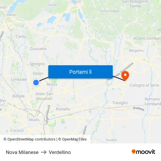 Nova Milanese to Verdellino map
