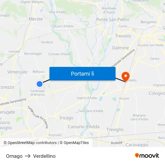 Ornago to Verdellino map