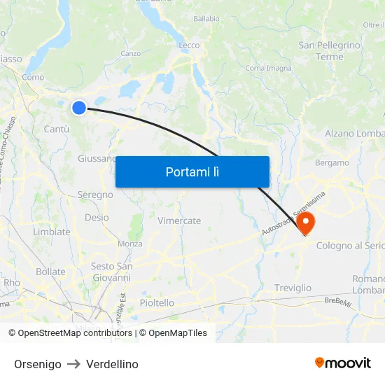 Orsenigo to Verdellino map