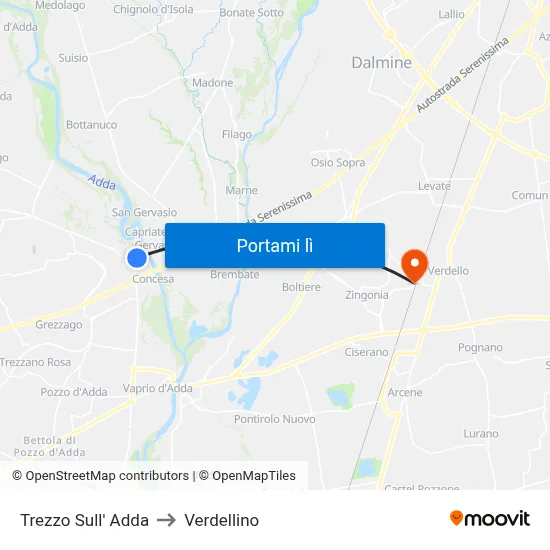 Trezzo Sull' Adda to Verdellino map