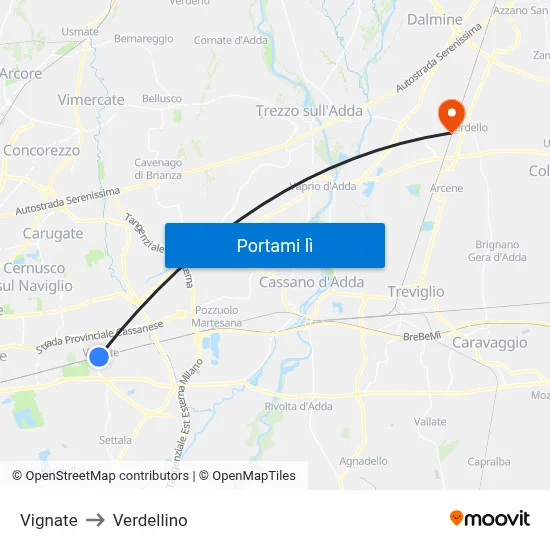 Vignate to Verdellino map