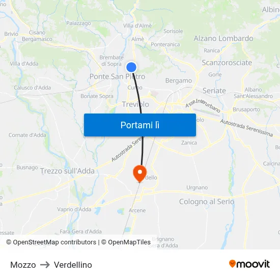 Mozzo to Verdellino map