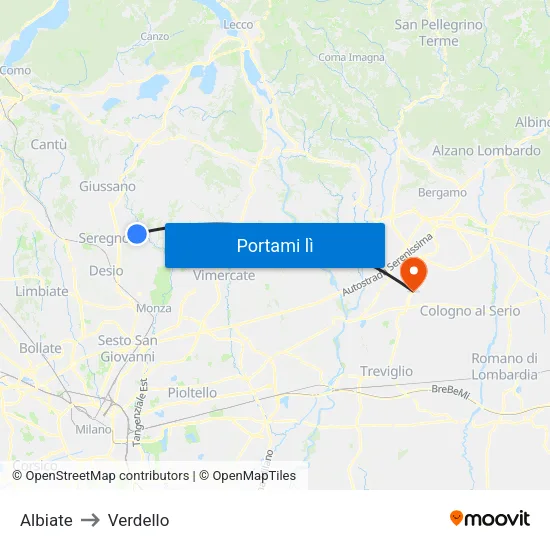 Albiate to Verdello map