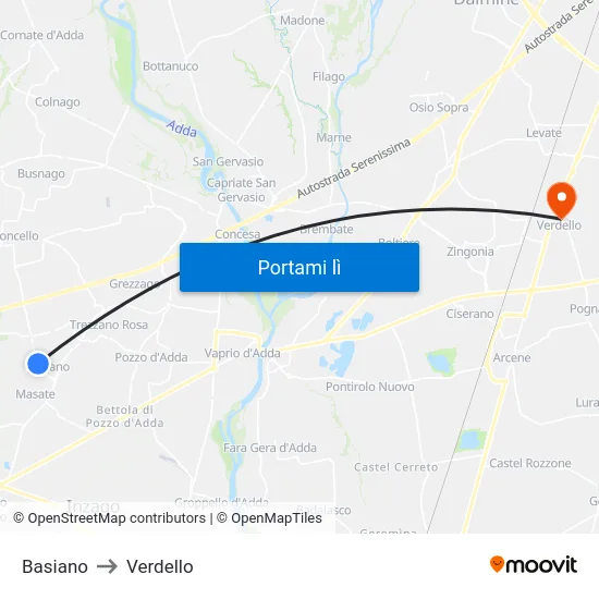 Basiano to Verdello map