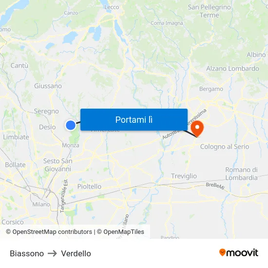 Biassono to Verdello map