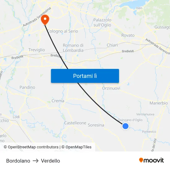 Bordolano to Verdello map