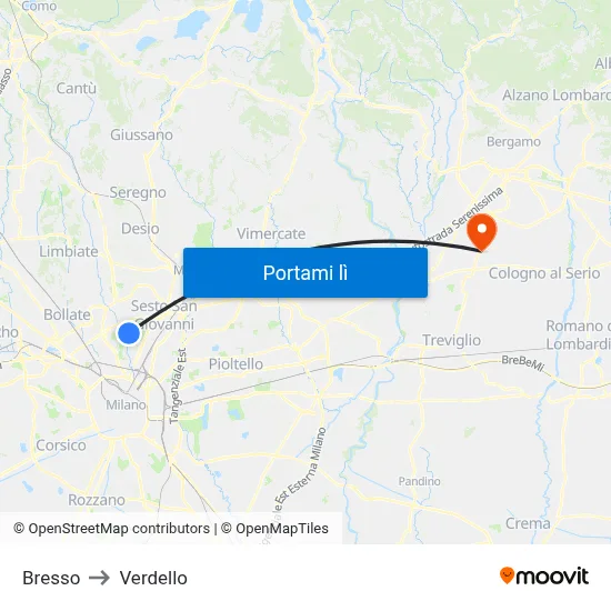 Bresso to Verdello map