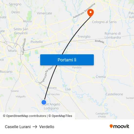 Caselle Lurani to Verdello map