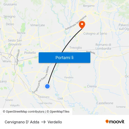 Cervignano D' Adda to Verdello map