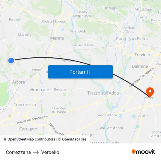 Correzzana to Verdello map