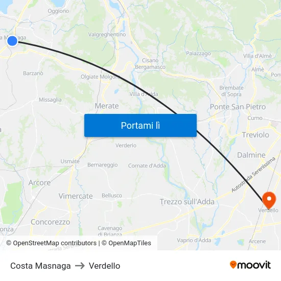 Costa Masnaga to Verdello map