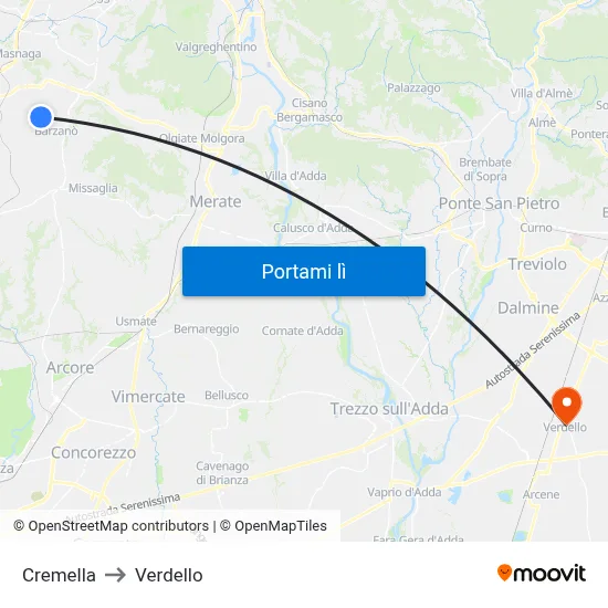Cremella to Verdello map