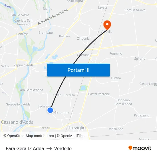 Fara Gera D' Adda to Verdello map