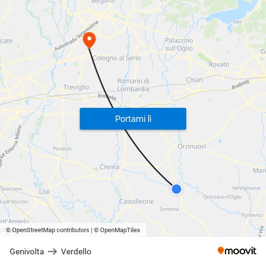 Genivolta to Verdello map
