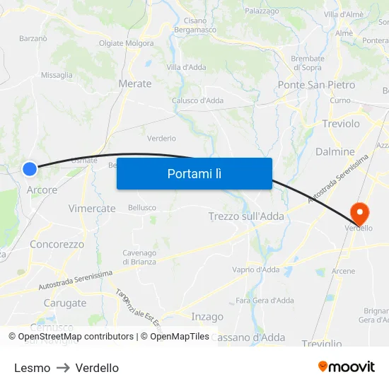 Lesmo to Verdello map