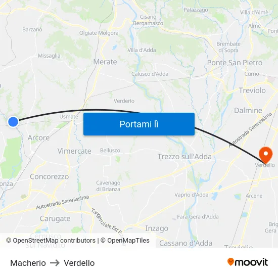 Macherio to Verdello map