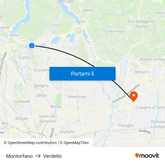 Montorfano to Verdello map