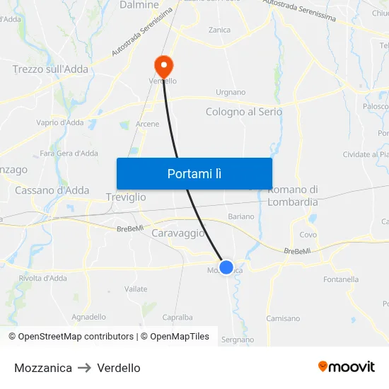 Mozzanica to Verdello map