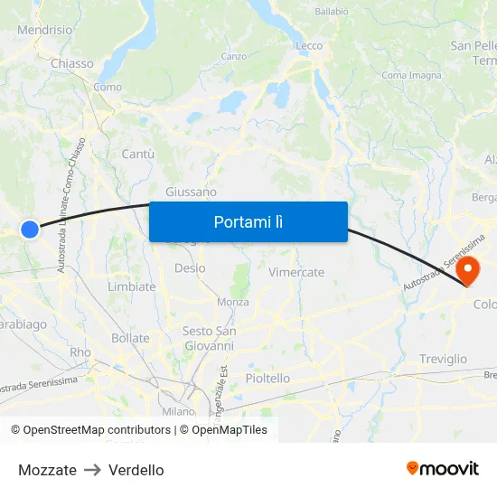 Mozzate to Verdello map