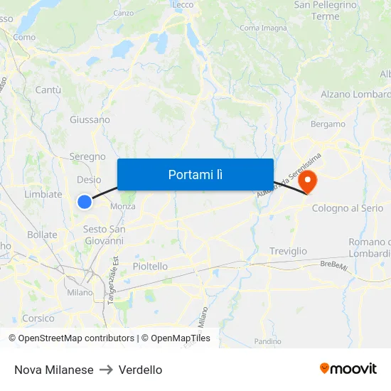 Nova Milanese to Verdello map
