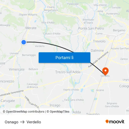 Osnago to Verdello map