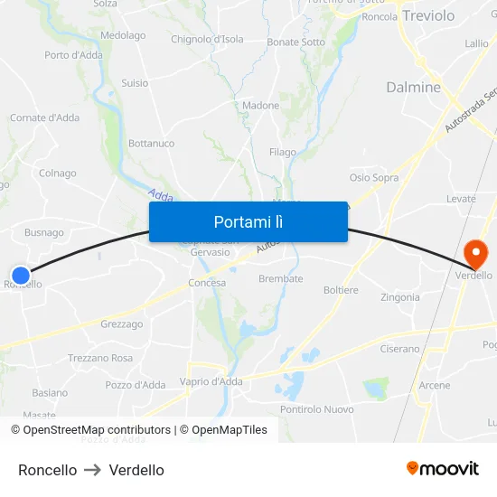 Roncello to Verdello map