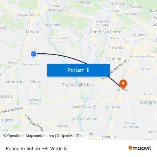 Ronco Briantino to Verdello map