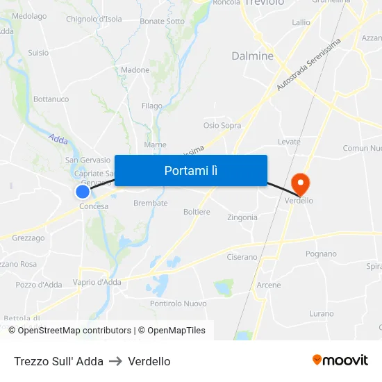 Trezzo Sull' Adda to Verdello map