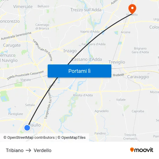 Tribiano to Verdello map