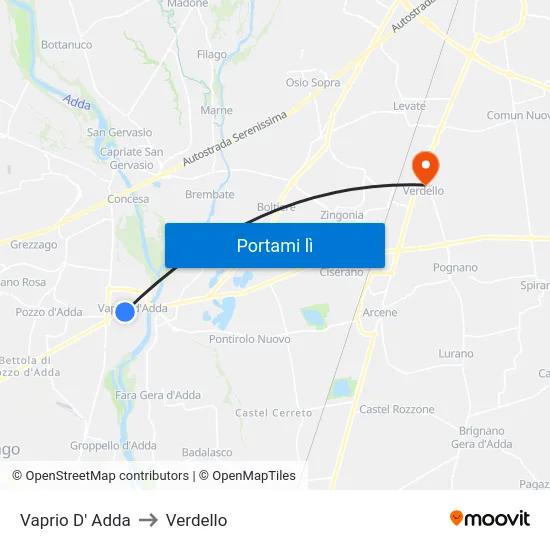Vaprio D' Adda to Verdello map