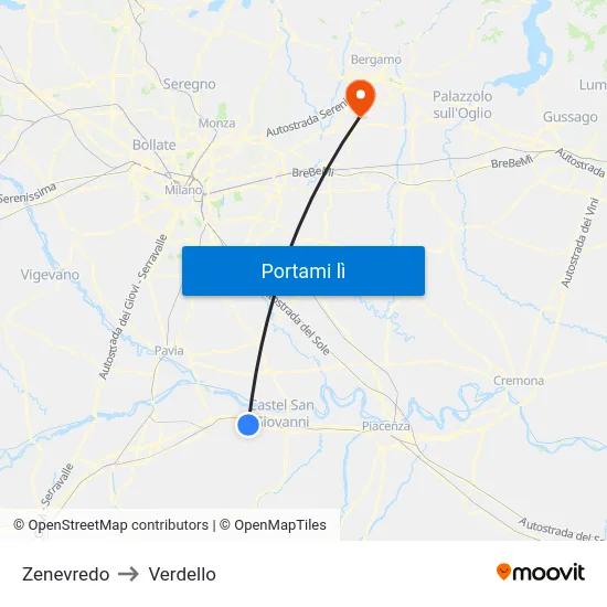 Zenevredo to Verdello map