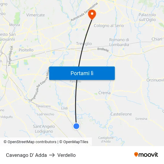 Cavenago D' Adda to Verdello map
