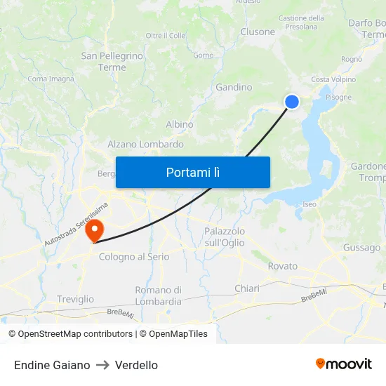 Endine Gaiano to Verdello map
