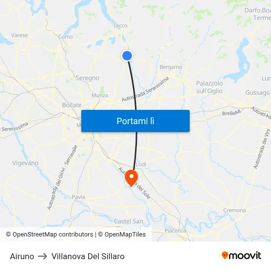 Airuno to Villanova Del Sillaro map