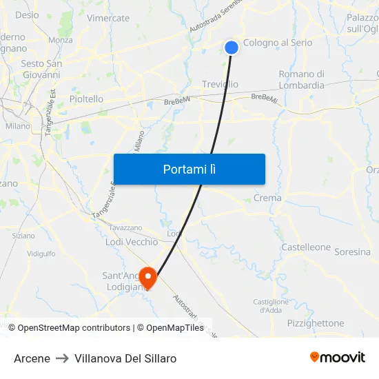 Arcene to Villanova Del Sillaro map